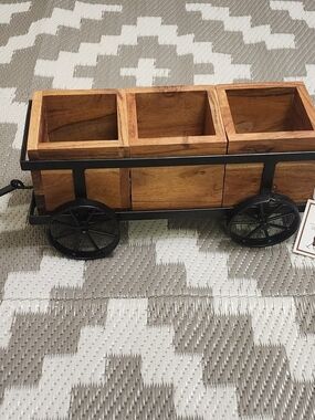 Rustic Farmhouse Wood & Metal Utensil Caddy Wagon, Brown Black, Kitchen Decor